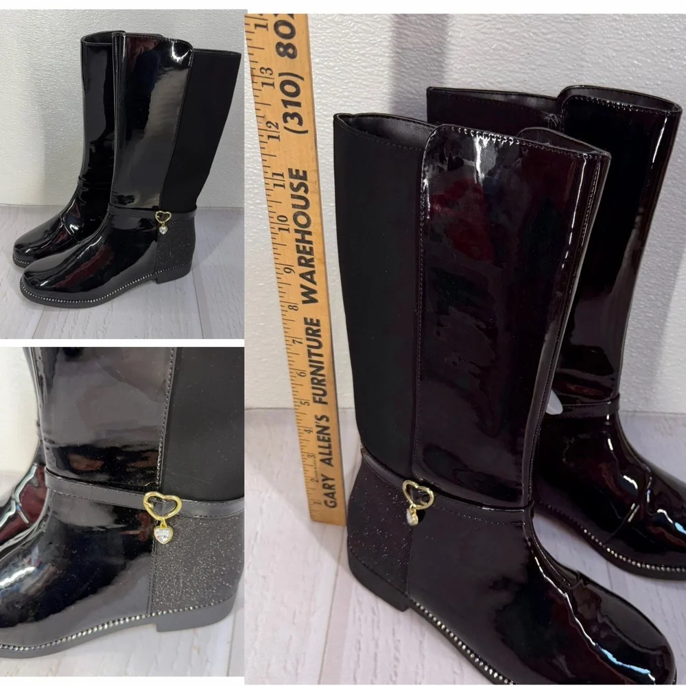 The‎ Children’s Place Girls Black Patent Knee-High Boots Heart Charm NWT Size 5